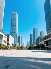 Modern skyscrapers under a clear blue sky in an urban business district