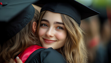 A young woman at a graduation ceremony happy