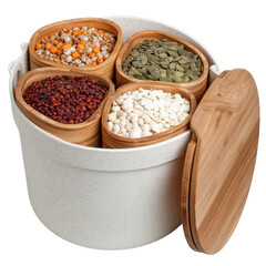 Wooden Containers with Various Grains and Seeds for Kitchen Storage