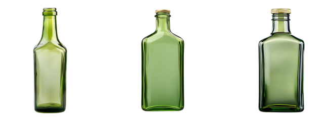Set of Empty green glass bottle isolated on transparent background, in PNG format, cut out