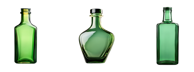 Set of Empty green glass bottle isolated on transparent background, in PNG format, cut out