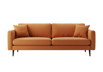 A modern orange fabric sofa with two cushions and black legs, isolated on a transparent background