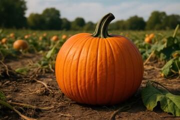 Vibrant pumpkin in autumn field.