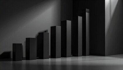 Monochrome 3D Visualization Of Rising Financial Bars Emerging From Shadowed Corner Wall