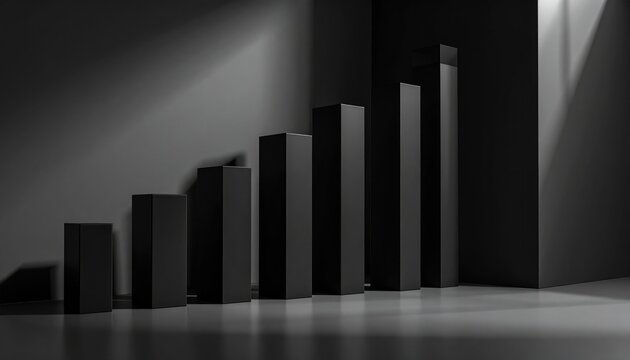 Monochrome 3D Visualization Of Rising Financial Bars Emerging From Shadowed Corner Wall
