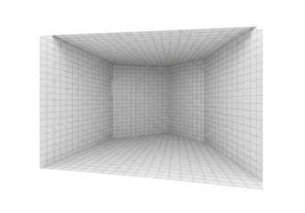 An empty white room with a geometric pattern of dots and lines on all surfaces, isolated on a transparent background