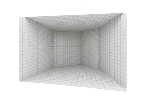 An empty white room with a geometric pattern of dots and lines on all surfaces, isolated on a transparent background