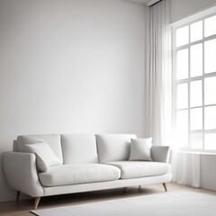 Bright and airy living room showcases a minimalist white sofa with natural light, and calm ambiance.