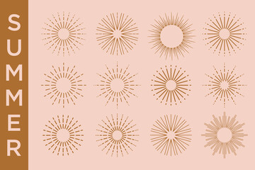 Collection of abstract sun, sunburst logo design . Bohemian minimalist linear sunrise and sunset. Vector illustration
