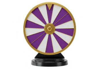 A wheel of fortune with purple and white segments and a gold rim, mounted on a black stand, isolated on white isolated on transparent background