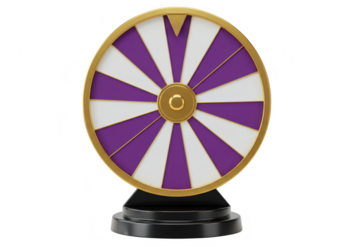 A wheel of fortune with purple and white segments and a gold rim, mounted on a black stand, isolated on white isolated on transparent background