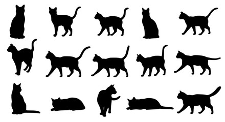 Cats silhouette Collection: An array of black cat silhouettes in various poses, presenting versatility in design, perfect for illustrative applications and design.