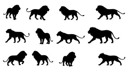 Lion Silhouettes: A collection of majestic lion silhouettes in various poses, embodying strength, power, and grace, perfect for design concepts.