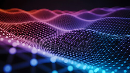 Abstract glowing digital network grid with flowing waves of light in vibrant red purple and blue hues