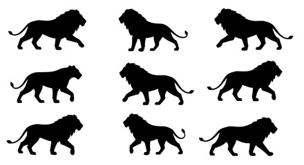 Lion Silhouettes in Sequence: A collection of majestic lion silhouettes captured in dynamic poses, showcasing their regal grace and power.