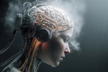 Brain connected to technology showcases the merging of human cognition and advanced machinery in a modern, innovative environment during a futuristic setting