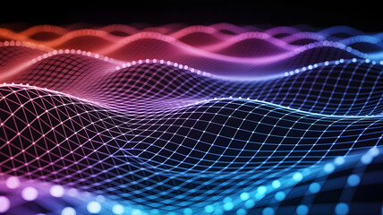 Abstract glowing digital network grid with undulating waves in vibrant neon blue and pink colors