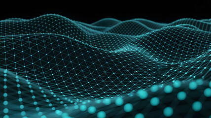 Abstract glowing turquoise digital network grid forming a futuristic undulating landscape against a dark background