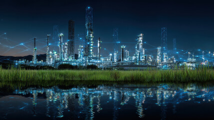 Fototapeta premium Modern industrial complex at night, illuminated by bright lights, reflecting in water
