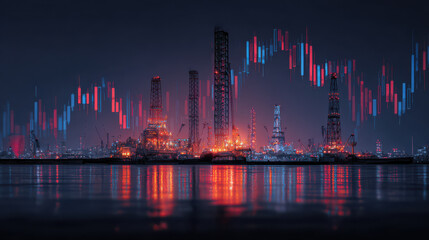 Fototapeta premium Industrial landscape night with oil rigs and financial data overlay, showcasing energy sector