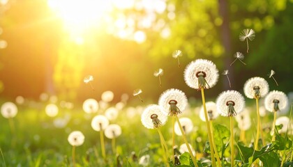 White dandelions blanket a vibrant green meadow under a blue summer sky, their delicate blossoms catching the light