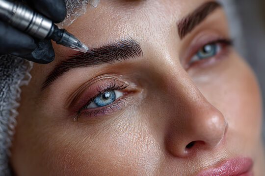 Beautician using a microblading pen to draw eyebrows on a client's face, providing a semi permanent makeup solution