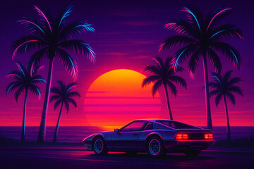 Retro sunset drive with vibrant palm trees and neon glow, perfect for a classic summer vibe and nostalgic travel