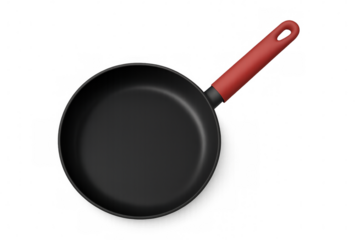 Frying pan with red handle on transparent background
