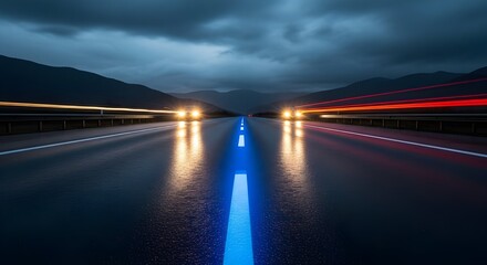 Fototapeta premium Highway at Night - Long Exposure, Light Trails, Urban Road, Fast Motion, Dynamic Transportation, Future Travel, Cityscape, Speed