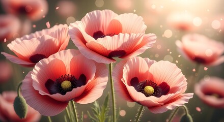 Pink Poppy Flower Field - Sunset, Vibrant Nature Landscape, Dreamy Bloom, Golden Hour, Serene Meadow, Summer Fields, Romantic Atmosphere