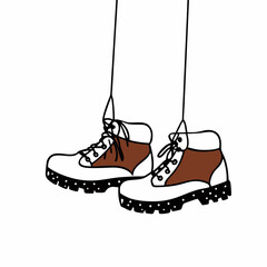 Vector art of a pair of stylish hiking boots hanging by their laces against a clean white backdrop