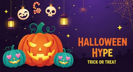 Vibrant Halloween Cartoon Illustration: Jack-o'-lanterns, Candy, and Festive Lanterns; Spooky Fun, Trick-or-Treat Theme.