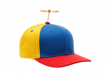 A colorful baseball cap with a spinning propeller on top is isolated on a plain transparent background