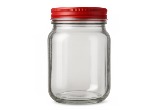Empty glass jar with red metal lid on transparent background