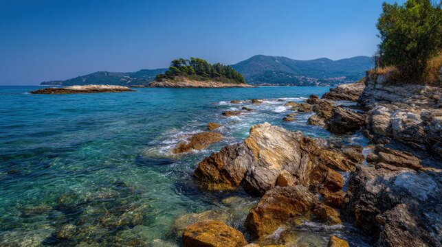 A clear blue sea gently laps against a rugged rocky shoreline. In the distance, lush green islands rise from the tranquil waters, creating a serene coastal atmosphere on a sunny day. - Powered by Adobe