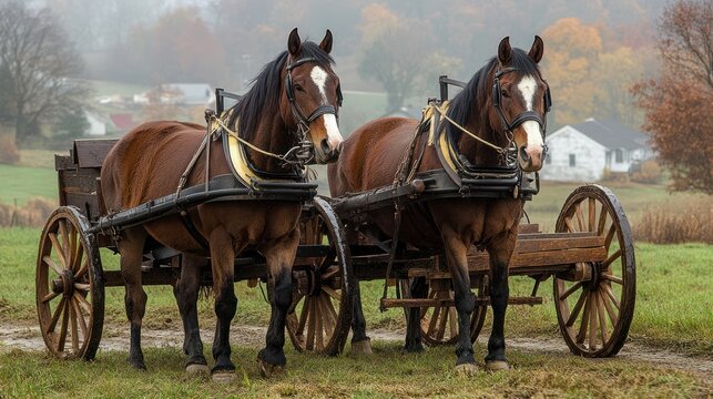 Two brown horses pulling a vintage wooden cart on a misty countryside road