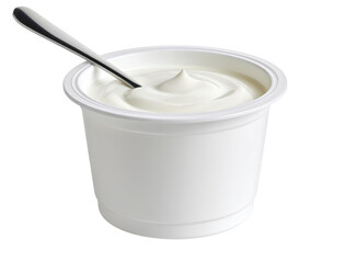 Plain yogurt cup with stainless steel spoon, isolated PNG for breakfast or dessert concepts.