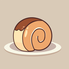 A sweet rolled cake with a perfect spiral shape served on a white plate. The top is coated with melted chocolate that looks tempting and truly mouthwatering