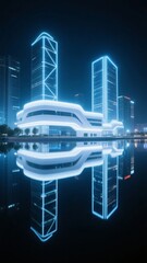 Obraz premium Illuminated Modern Buildings Reflected in Water at Night