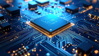 Electronic circuit board with microchips and components, illustrating advanced computer hardware technology