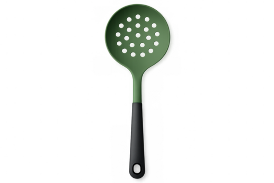 Green slotted spoon with black handle on transparent background