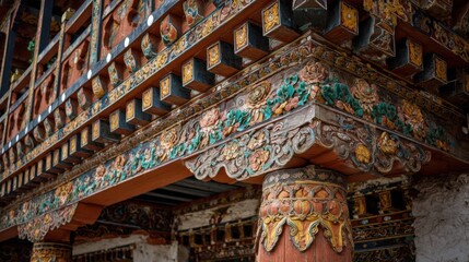 Detailed woodwork with floral patterns and colorful motifs adorns the pillars of an ancient monastery in Bhutan, reflecting the rich cultural heritage and craftsmanship.