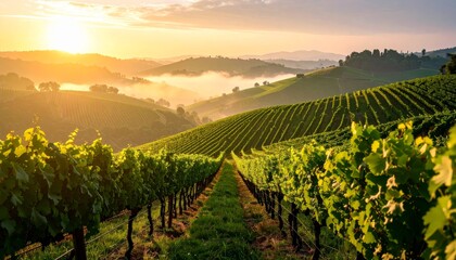 Naklejka premium Green vineyard landscapes in the Tuscan countryside, showcasing summer grapevines and rolling hills under a vast sky