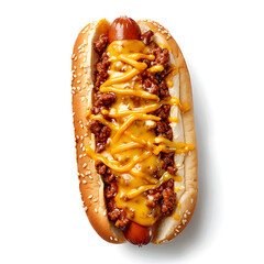A hot dog topped with chili, melted cheese, and served in a sesame seed bun
