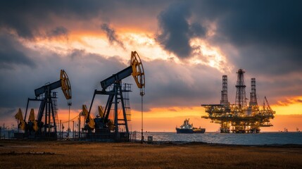 Dramatic Sunset Over Oil Rigs and Pumpjacks Reflecting on Water with Clouds and Industry Silhouette