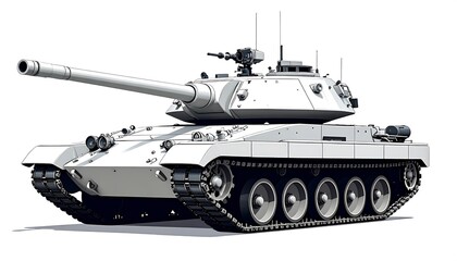 Full shot of a light gray/white tank.  Large gun, tracked treads, multiple details