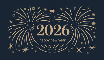 New Year 2026 Greeting Design – Brilliant Gold Fireworks on Rich Blue Background