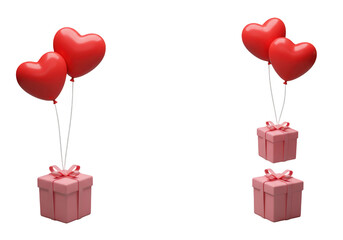 Two pink gift boxes are tied with ribbons and lifted by red heart balloons isolated on transparent background