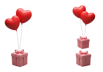 Two pink gift boxes are tied with ribbons and lifted by red heart balloons isolated on transparent background