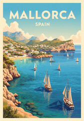 vintage travel poster of Mallorca, Spain, with sailing ships, beach and town near by the sea